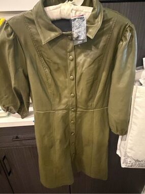 Forever 21 Olive Faux Leather Button-Front Mini Dress